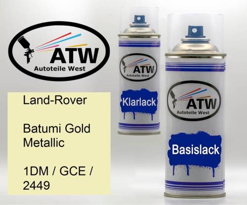Land-Rover, Batumi Gold Metallic, 1DM / GCE / 2449: 400ml Sprühdose + 400ml Klarlack - Set, von ATW Autoteile West.